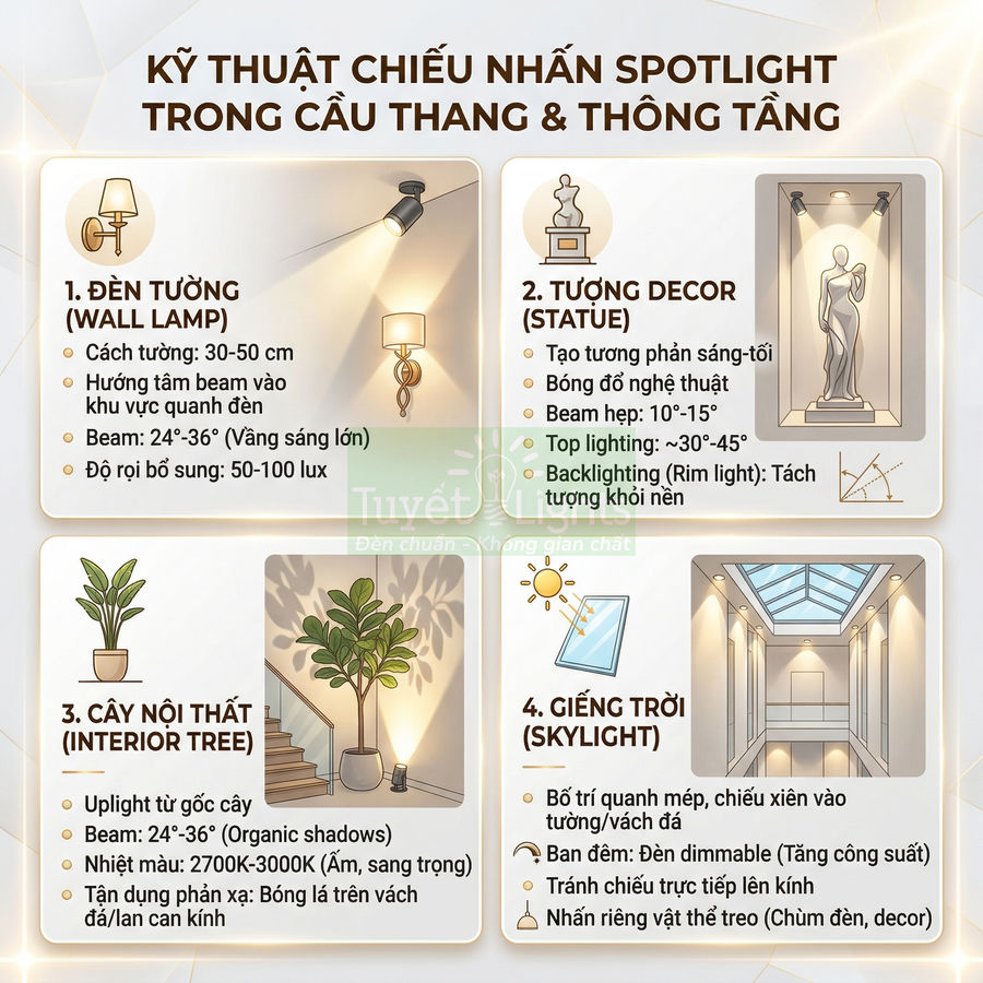 Hướng dẫn kỹ thuật chiếu nhấn spotlight cho đèn tường, tượng decor, cây nội thất và giếng trời trong nhà