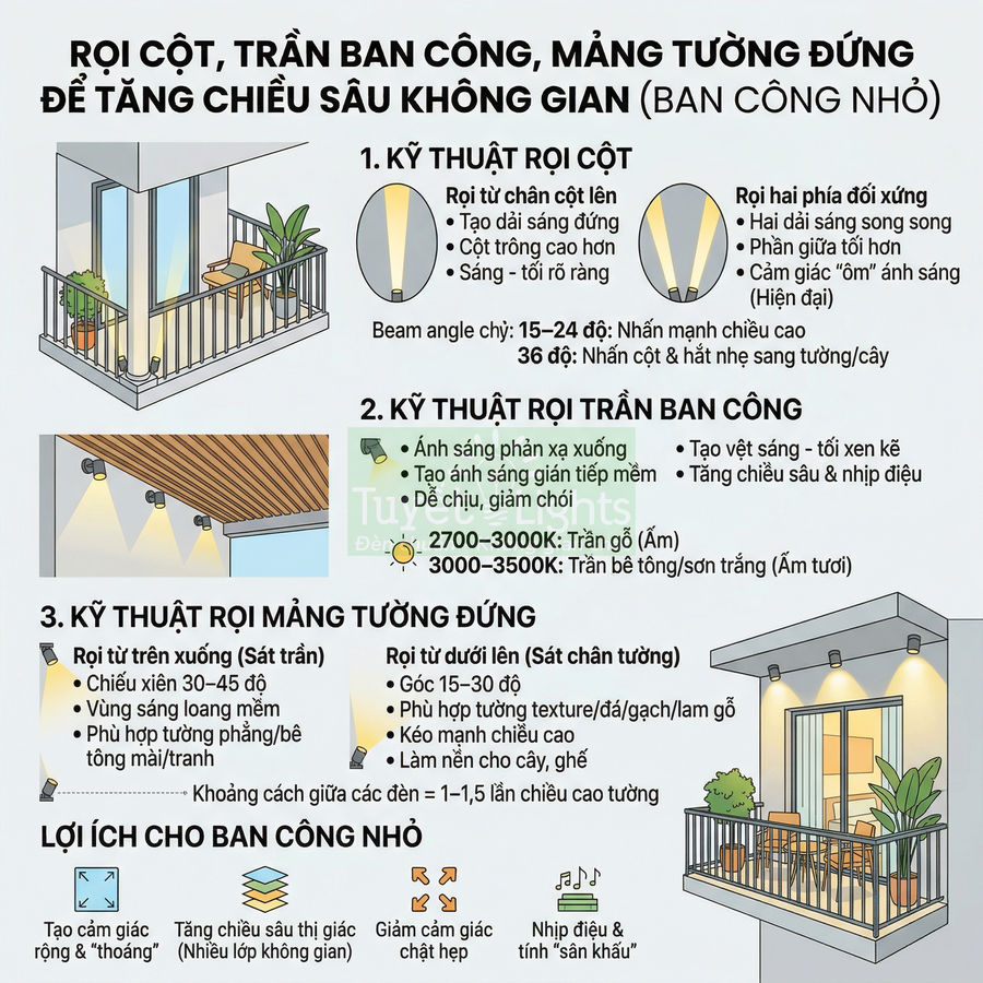 Minh họa kỹ thuật lắp đèn rọi cột, trần và tường ban công nhỏ để tăng chiều sâu không gian