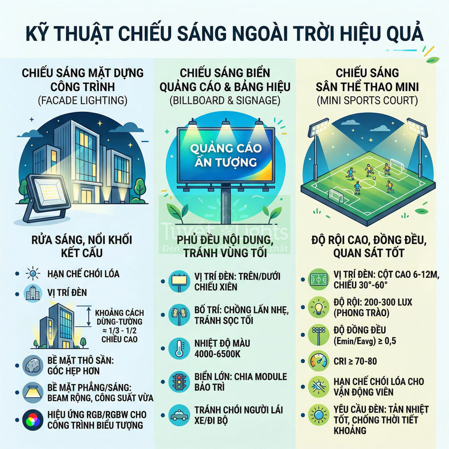 Infographic kỹ thuật chiếu sáng ngoài trời hiệu quả cho mặt dựng, biển quảng cáo và sân thể thao mini