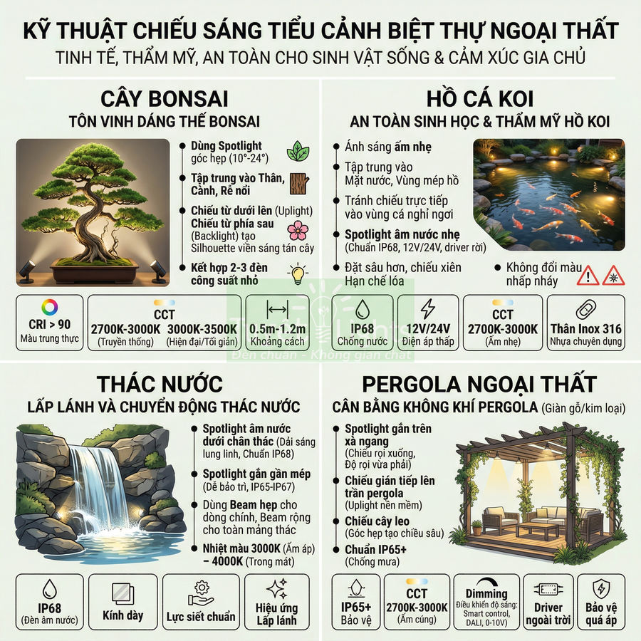 Infographic kỹ thuật chiếu sáng tiểu cảnh biệt thự ngoại thất cho cây bonsai, hồ cá koi, thác nước và pergola ngoài trời