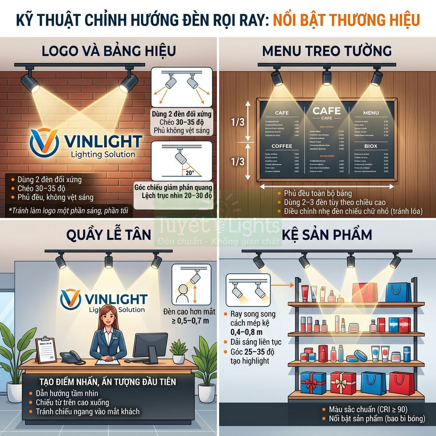 Hướng dẫn chỉnh hướng đèn rọi ray Vinlight cho logo, quầy lễ tân, menu treo tường và kệ trưng bày sản phẩm
