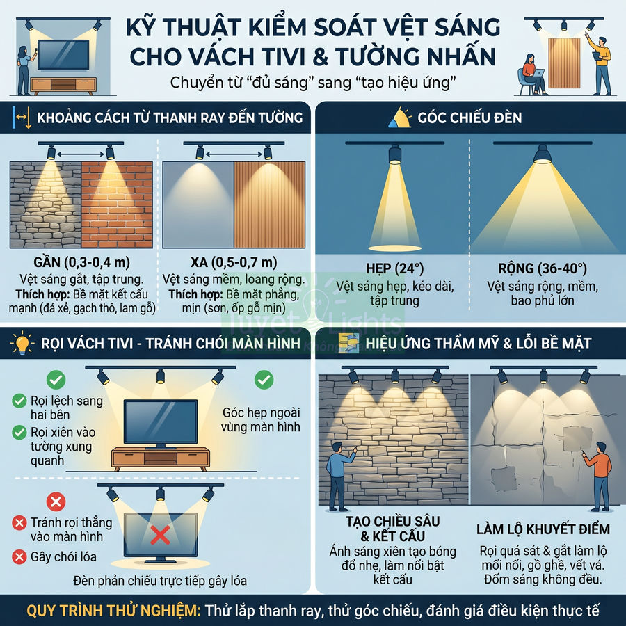 Infographic hướng dẫn kỹ thuật bố trí đèn rọi ray chiếu sáng vách tivi và tường nhấn