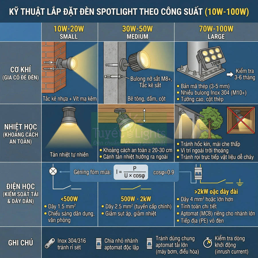 Hướng dẫn kỹ thuật lắp đặt đèn spotlight công suất 10W đến 100W cho tường, trần và ngoài trời