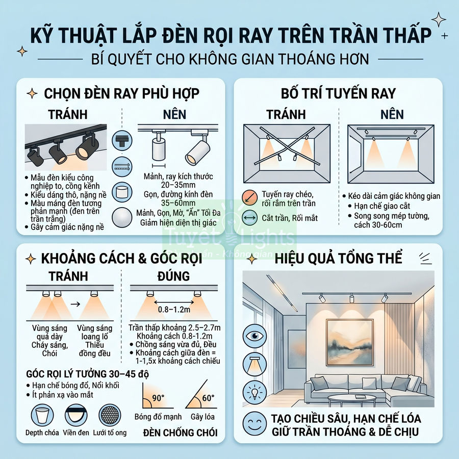 Infographic hướng dẫn kỹ thuật lắp đèn rọi ray trên trần thấp cho không gian phòng khách thoáng và chống chói