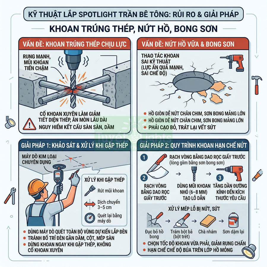 Infographic hướng dẫn kỹ thuật khoan lắp đèn spotlight trần bê tông, xử lý khoan trúng thép và hạn chế nứt vỡ sơn