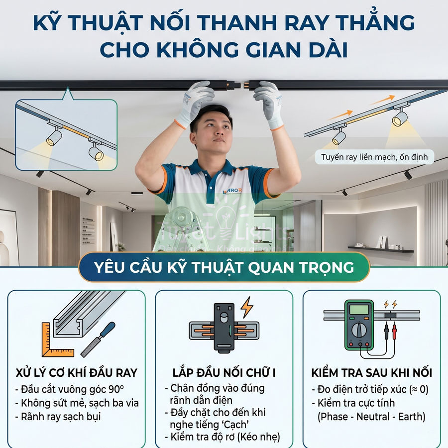 Kỹ thuật viên lắp đặt thanh ray đèn chiếu sáng thẳng cho không gian dài trong showroom hiện đại