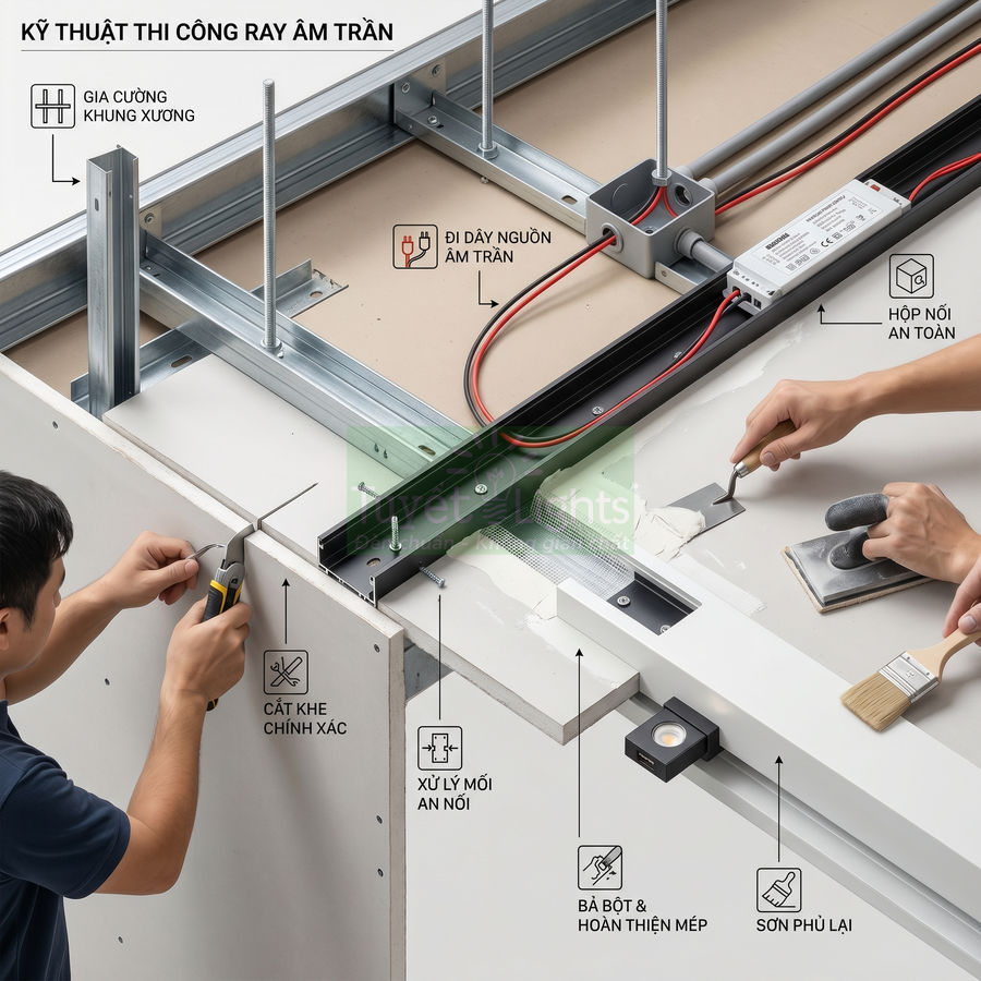 Thi công lắp đặt ray âm trần và đèn âm trần trên trần thạch cao với khung xương kim loại