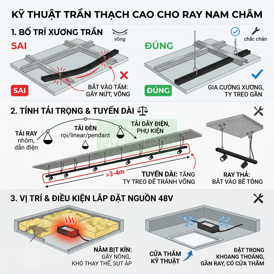 Hướng dẫn lắp đặt ray nam châm đèn trần trên trần thạch cao và bê tông, vị trí đặt nguồn 48V an toàn