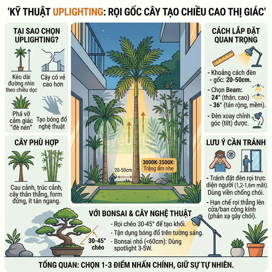 Minh họa kỹ thuật uplighting rọi gốc cây cảnh ngoài trời bằng đèn chiếu sáng tạo chiều cao và bóng đổ nghệ thuật