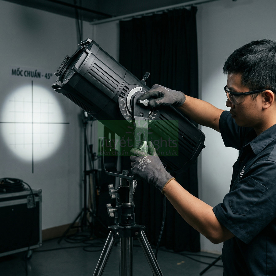 Kỹ thuật viên điều chỉnh đèn spotlight sân khấu chuyên dụng trên chân đế trong phòng studio
