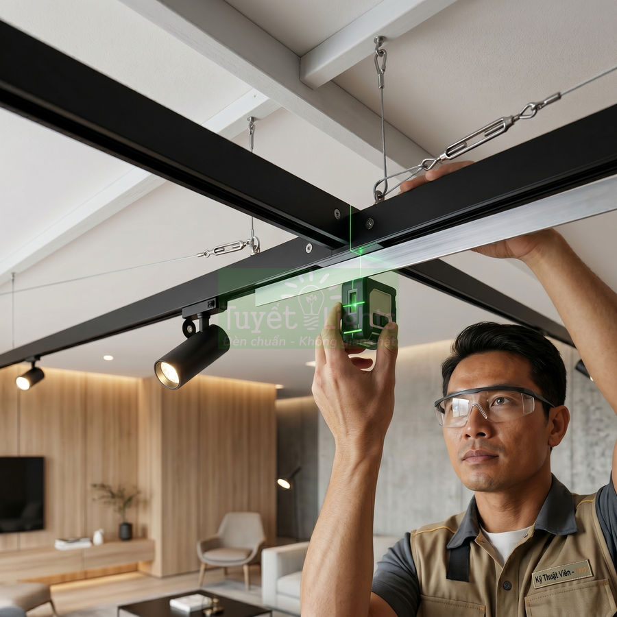 Kỹ thuật viên dùng máy cân bằng tia laser căn chỉnh thanh ray đèn chiếu sáng trần trong phòng khách hiện đại