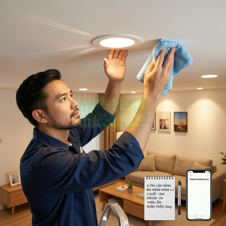 Kỹ thuật viên lau chùi đèn led âm trần trong phòng khách hiện đại, cạnh đó là sổ ghi chú và điện thoại thông minh