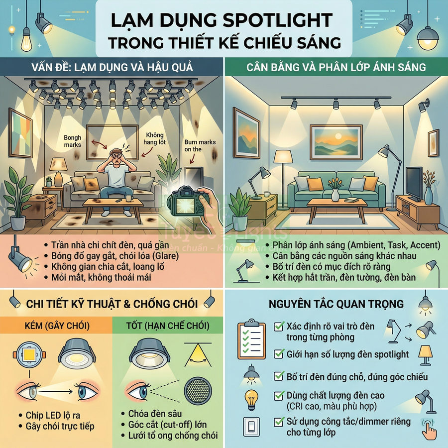 Infographic hướng dẫn tránh lạm dụng đèn spotlight và bố trí ánh sáng cân bằng, chống chói trong phòng khách
