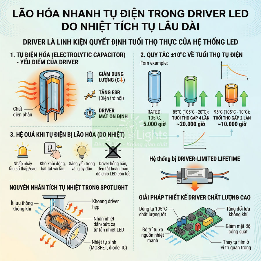 Infographic về lão hóa tụ điện trong driver LED spotlight và giải pháp thiết kế driver chất lượng cao