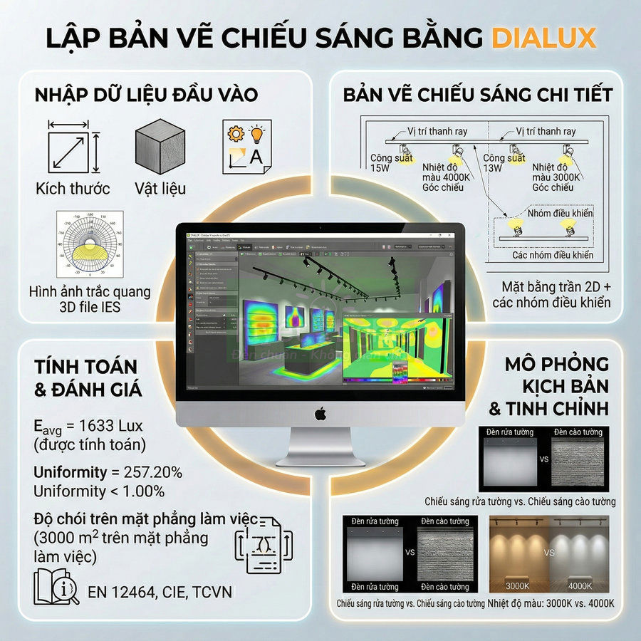 Màn hình iMac hiển thị phần mềm Dialux lập bản vẽ chiếu sáng 3D cho không gian nội thất