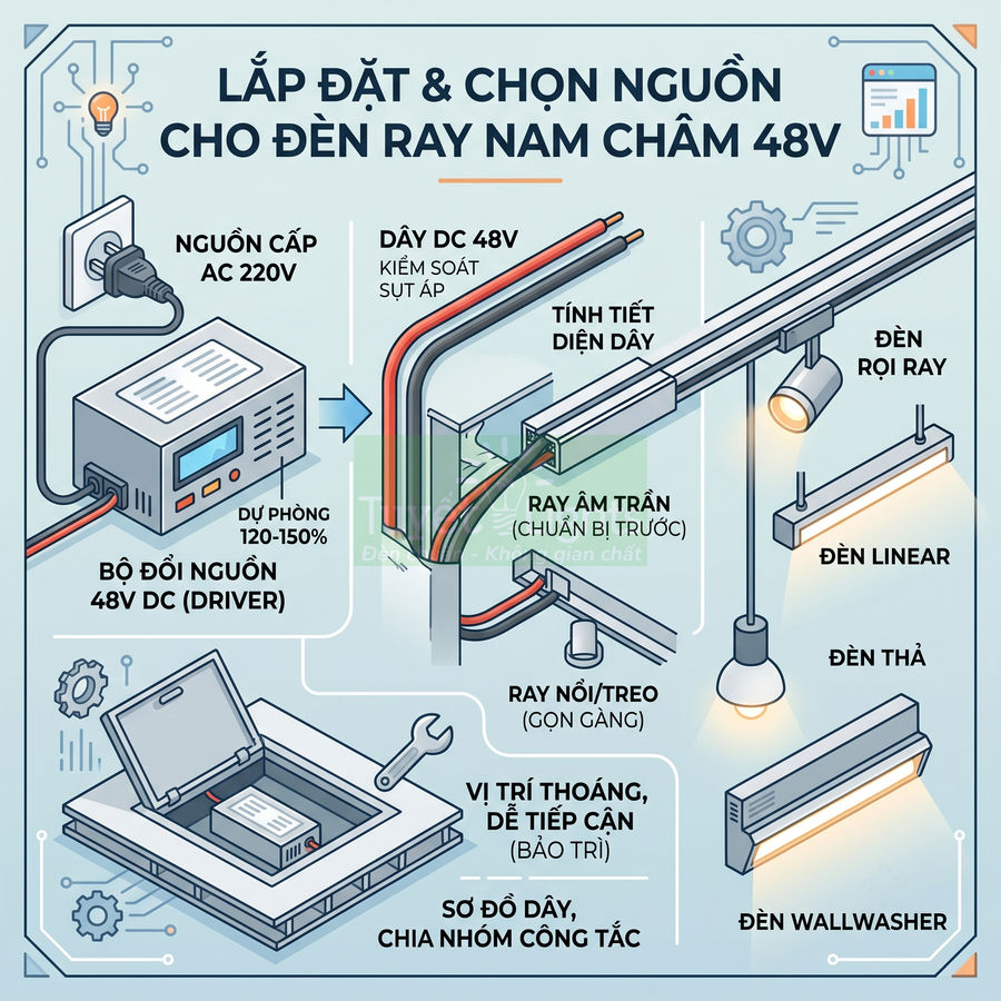 Cách đi dây và chọn nguồn cho hệ đèn rọi ray nam châm