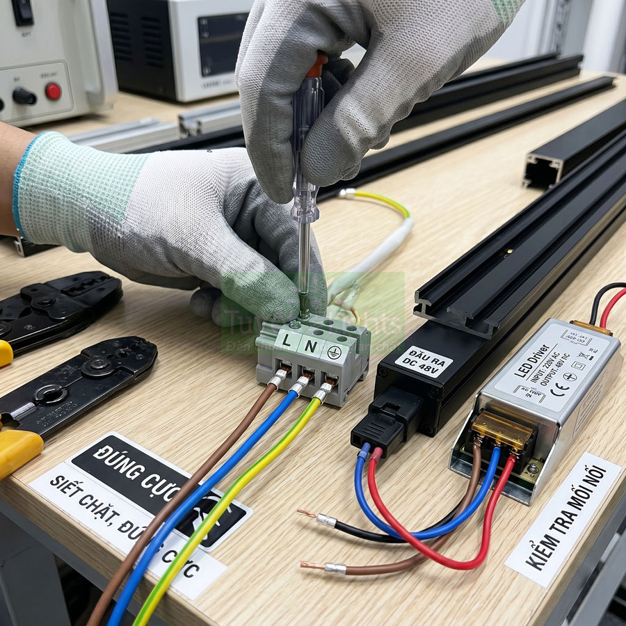 Kỹ thuật viên đấu nối dây điện vào domino nguồn đèn LED ray nam châm trên bàn với dụng cụ thi công