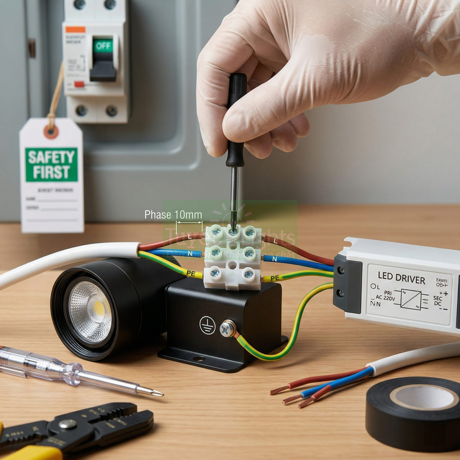 Kỹ thuật viên đấu nối đèn LED spotlight với bộ nguồn LED driver và domino điện trên bàn làm việc