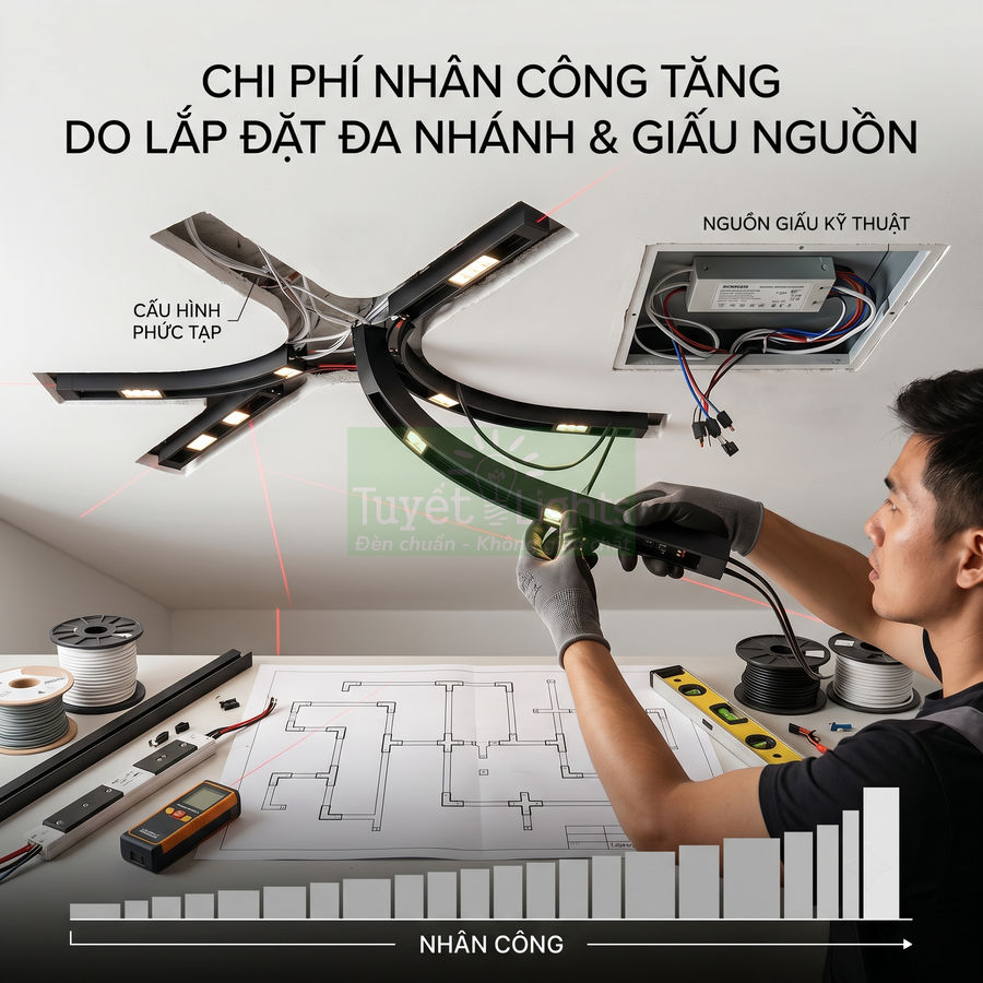 Kỹ thuật viên lắp đặt hệ thống đèn LED âm trần đa nhánh với nguồn giấu trần và sơ đồ điện chi tiết