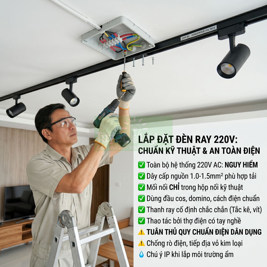 Thợ điện lắp đặt hệ thống đèn ray 220V trên trần nhà bằng khoan và tua vít, đảm bảo an toàn kỹ thuật