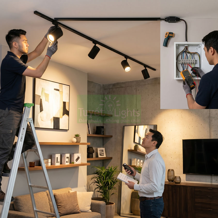Kỹ thuật viên lắp đặt hệ thống đèn rọi ray Tuyết Lights trong phòng khách hiện đại