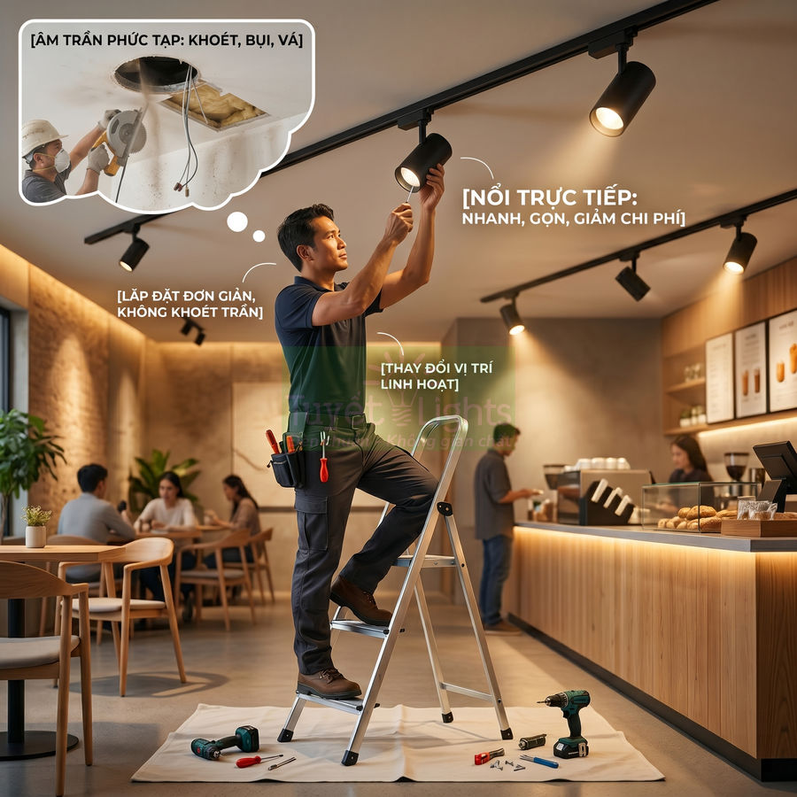 Thợ điện lắp đặt đèn rọi ray LED trên trần quán cà phê, thao tác đơn giản không khoét trần, dễ thay đổi vị trí chiếu sáng