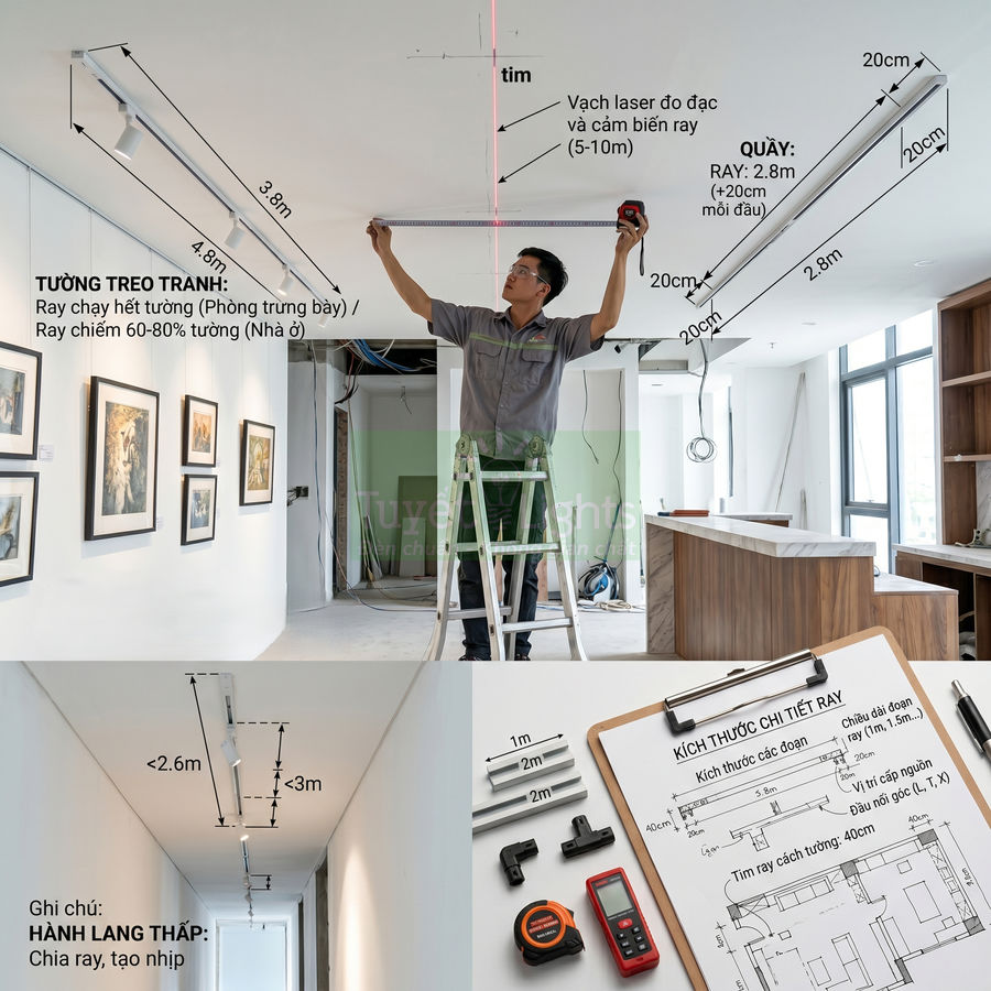 Thi công lắp đặt hệ thống ray đèn chiếu tranh và chiếu sáng hành lang trong căn hộ hiện đại