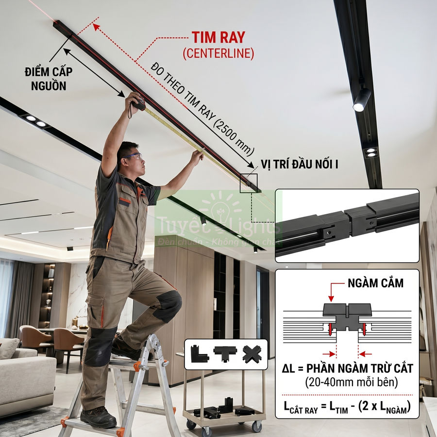 Thợ điện lắp đặt hệ ray đèn chiếu sáng âm trần màu đen trong phòng khách hiện đại