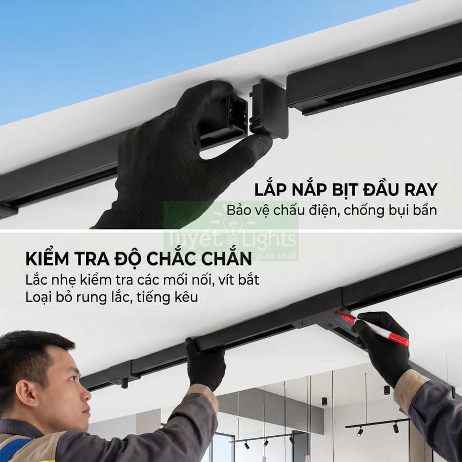 Lắp đặt và kiểm tra ray đèn chiếu sáng trần nhà màu đen, thợ dùng găng tay và dụng cụ siết vít