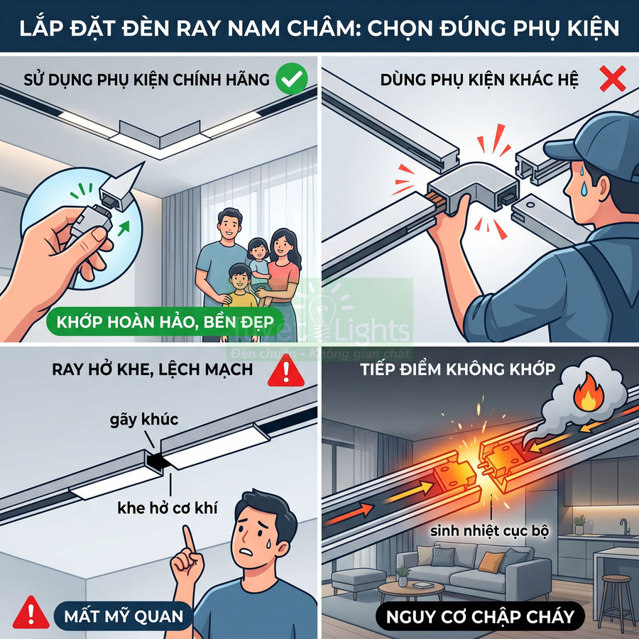 Hướng dẫn lắp đặt đèn ray nam châm, so sánh dùng phụ kiện chính hãng và phụ kiện khác hệ gây hở khe, chập cháy