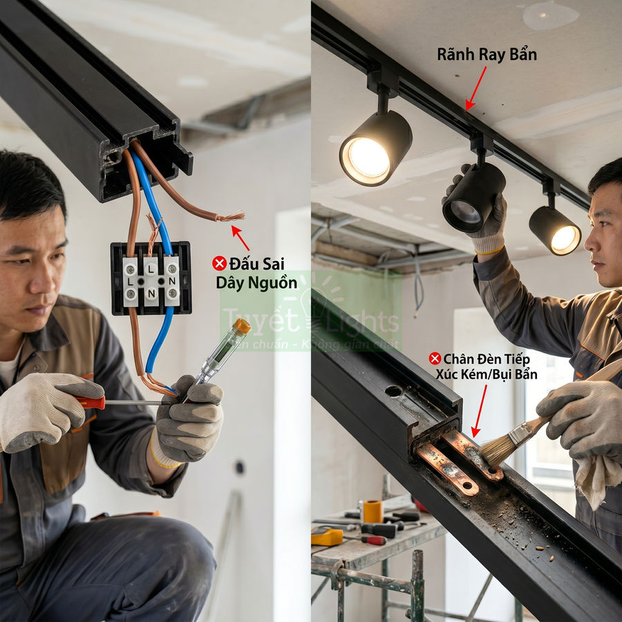 Thợ điện lắp đặt và vệ sinh đèn rọi ray nổi, kiểm tra dây nguồn và rãnh ray bẩn trong công trình nội thất