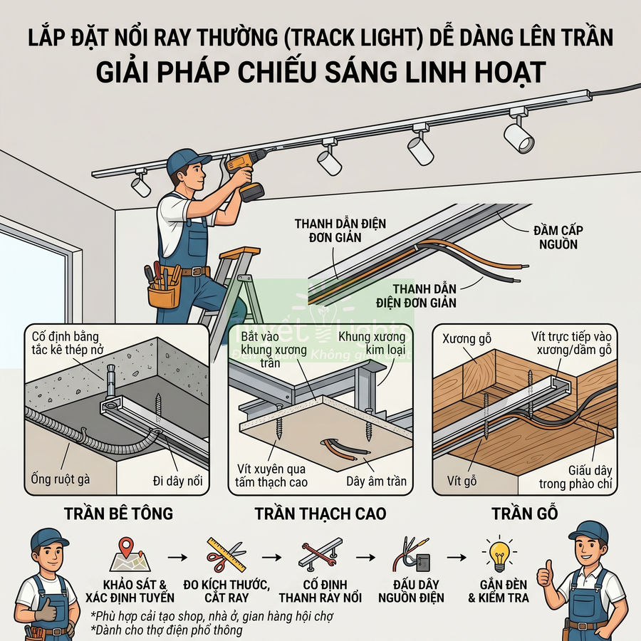 Hướng dẫn lắp đặt đèn ray nổi track light trên trần bê tông, trần thạch cao và trần gỗ