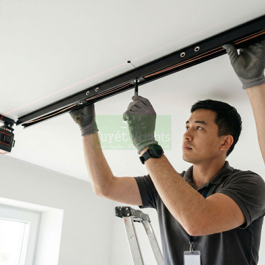Kỹ thuật viên lắp đặt thanh ray đèn trần Tuyết Lights trong phòng khách hiện đại