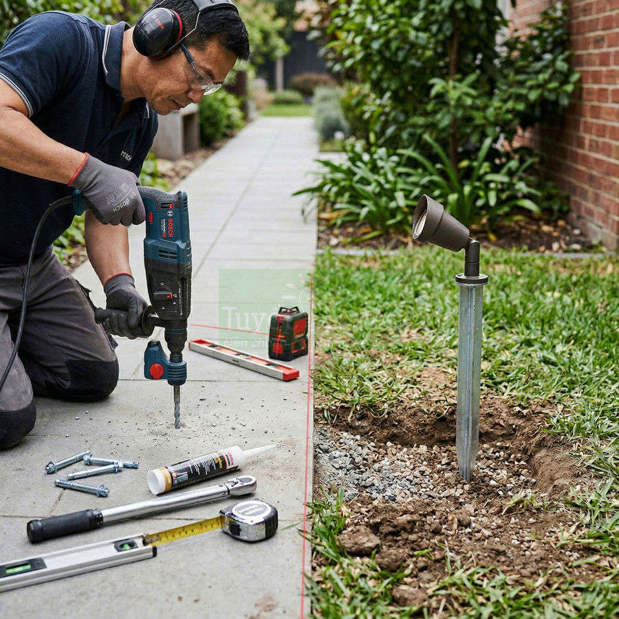 Thợ đang khoan bê tông lắp đèn chiếu sáng sân vườn ngoài trời cùng bộ dụng cụ thi công