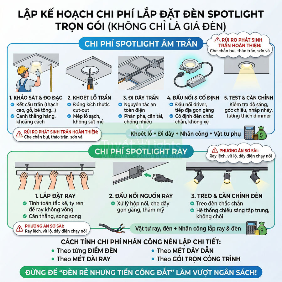 Hướng dẫn chi phí lắp đặt đèn spotlight âm trần và spotlight ray, các bước thi công và lưu ý tránh phát sinh