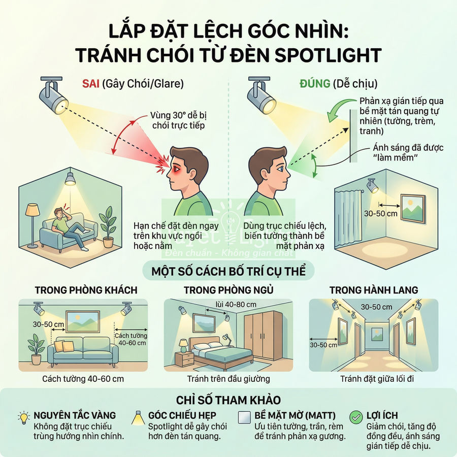Hướng dẫn lắp đặt đèn spotlight trong phòng khách, phòng ngủ và hành lang để tránh chói mắt và phân bổ ánh sáng hợp lý