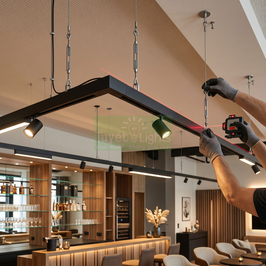 Lắp đặt đèn ray nam châm treo trần hiện đại trong không gian bếp và quầy bar cao cấp