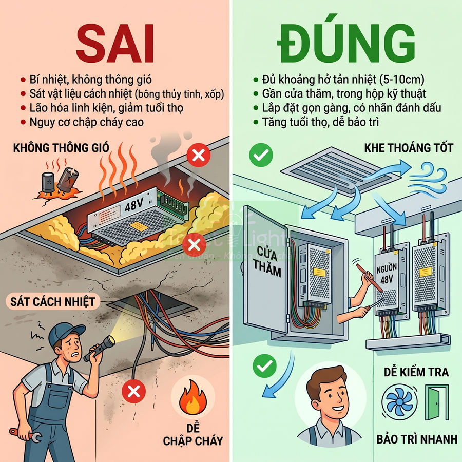 Hướng dẫn lắp đặt nguồn điện 48V đúng cách với khe thoáng gió và hộp kỹ thuật để tản nhiệt, tránh chập cháy