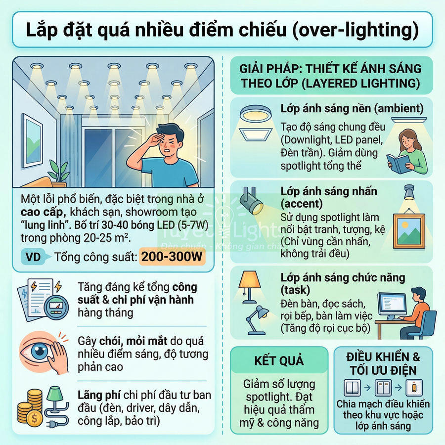Infographic cảnh báo lắp quá nhiều đèn LED âm trần và gợi ý thiết kế ánh sáng theo lớp trong nhà ở