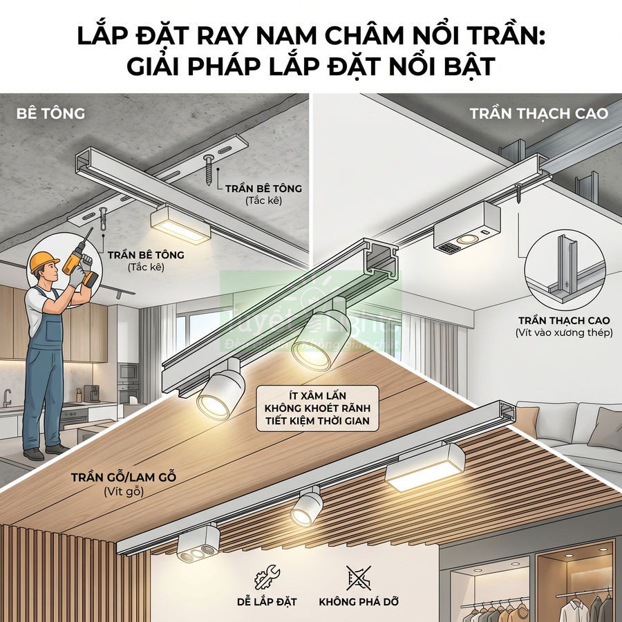 Hướng dẫn lắp đặt ray nam châm nổi trần cho đèn chiếu sáng trên trần bê tông thạch cao và trần gỗ