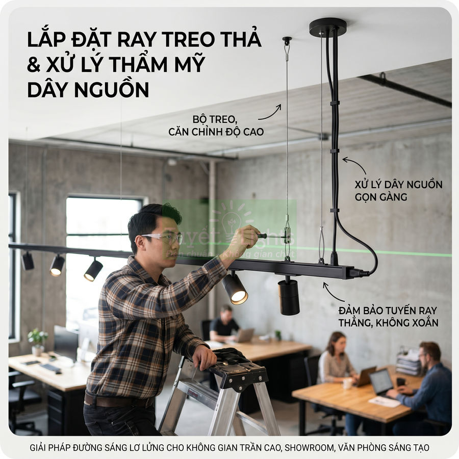 Lắp đặt ray treo thả đèn rọi trần nhà văn phòng với dây nguồn được xử lý gọn gàng