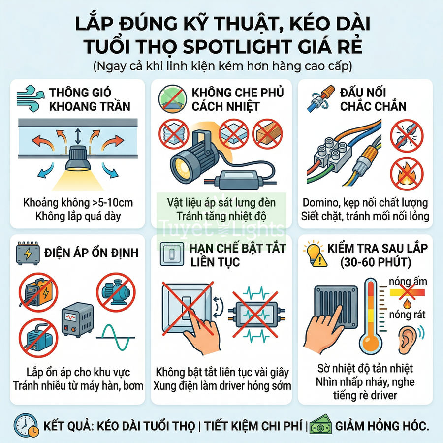 Hướng dẫn lắp đặt đèn spotlight âm trần đúng kỹ thuật để tăng tuổi thọ và hạn chế hỏng hóc