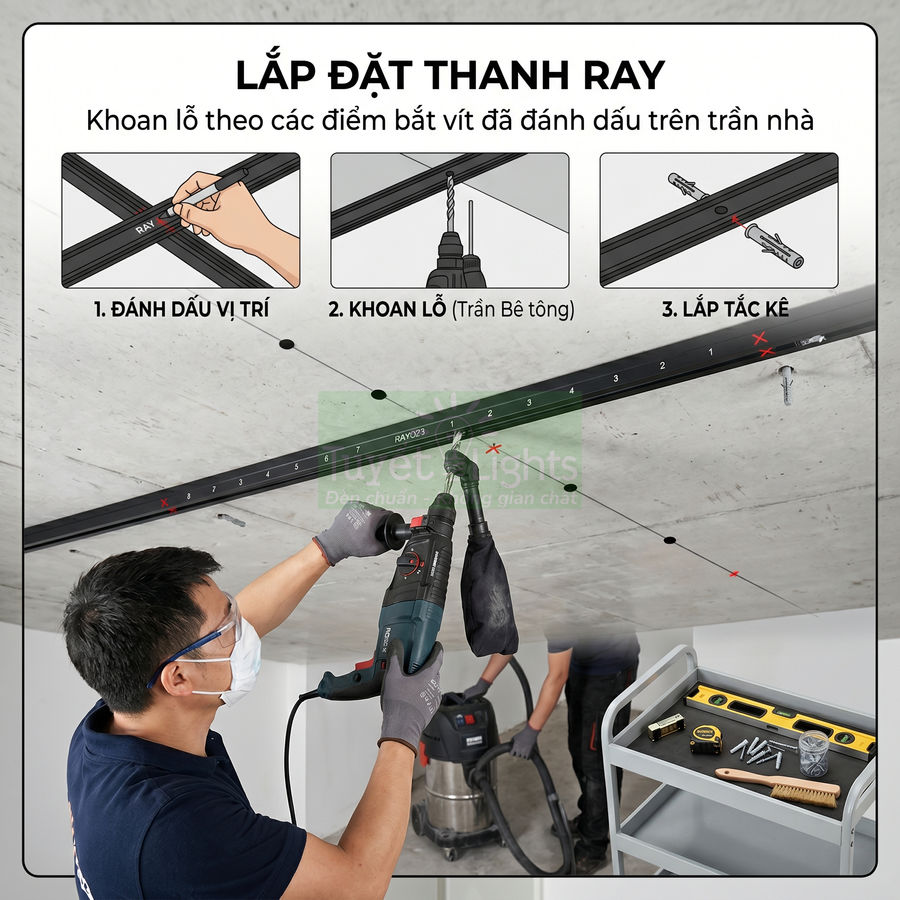 Hướng dẫn lắp đặt thanh ray trần bê tông với thợ dùng máy khoan và dụng cụ thi công