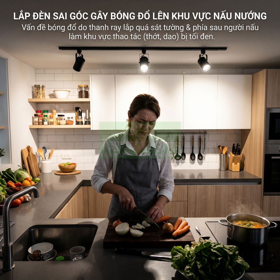 Người phụ nữ nấu ăn trong bếp hiện đại với ánh sáng đèn rọi sai góc làm khu vực thái rau bị tối