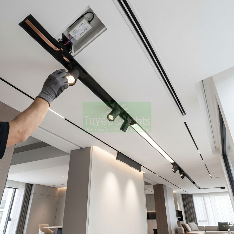 Lắp đặt đèn rọi ray âm trần hiện đại trong phòng khách chung cư sáng tự nhiên