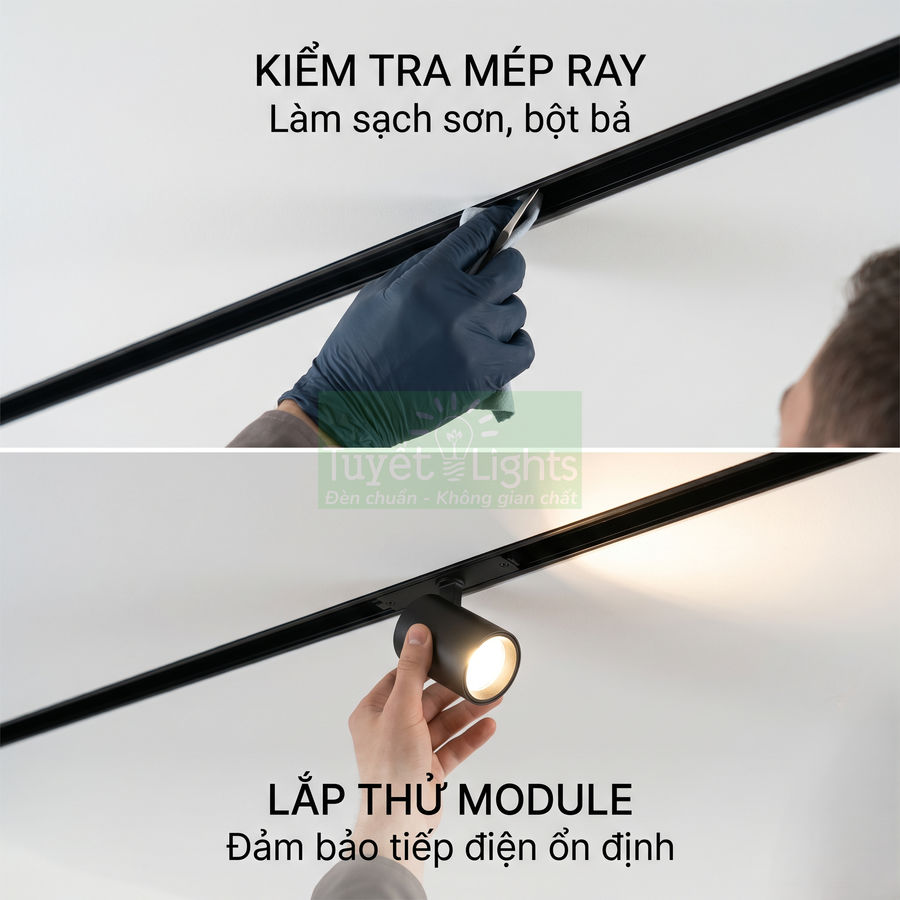 Lắp đặt đèn rọi ray trần nhà, kiểm tra làm sạch mép ray và lắp thử module đảm bảo tiếp điện ổn định