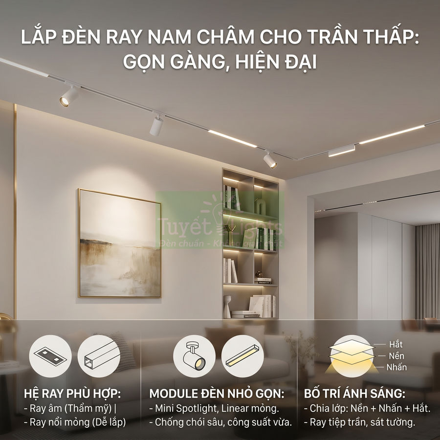 Lắp đèn rọi ray nam châm cho trần thấp có được không?