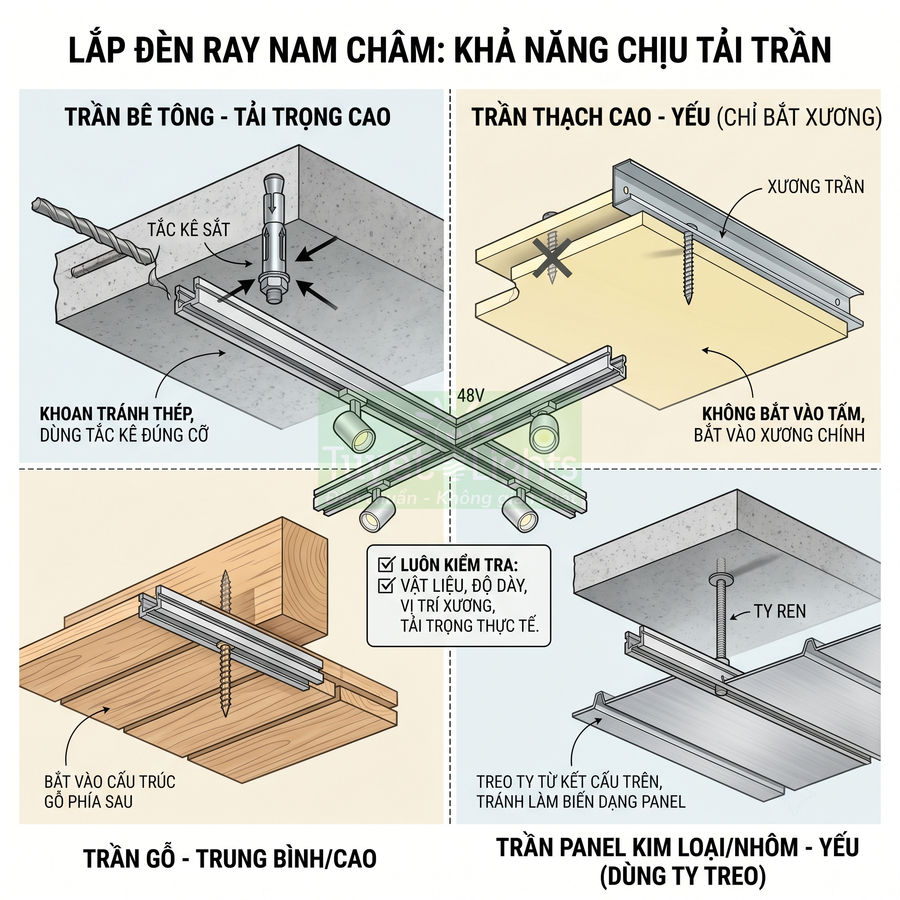 Hướng dẫn lắp đặt đèn ray nam châm trên trần bê tông, trần thạch cao, trần gỗ và trần panel kim loại