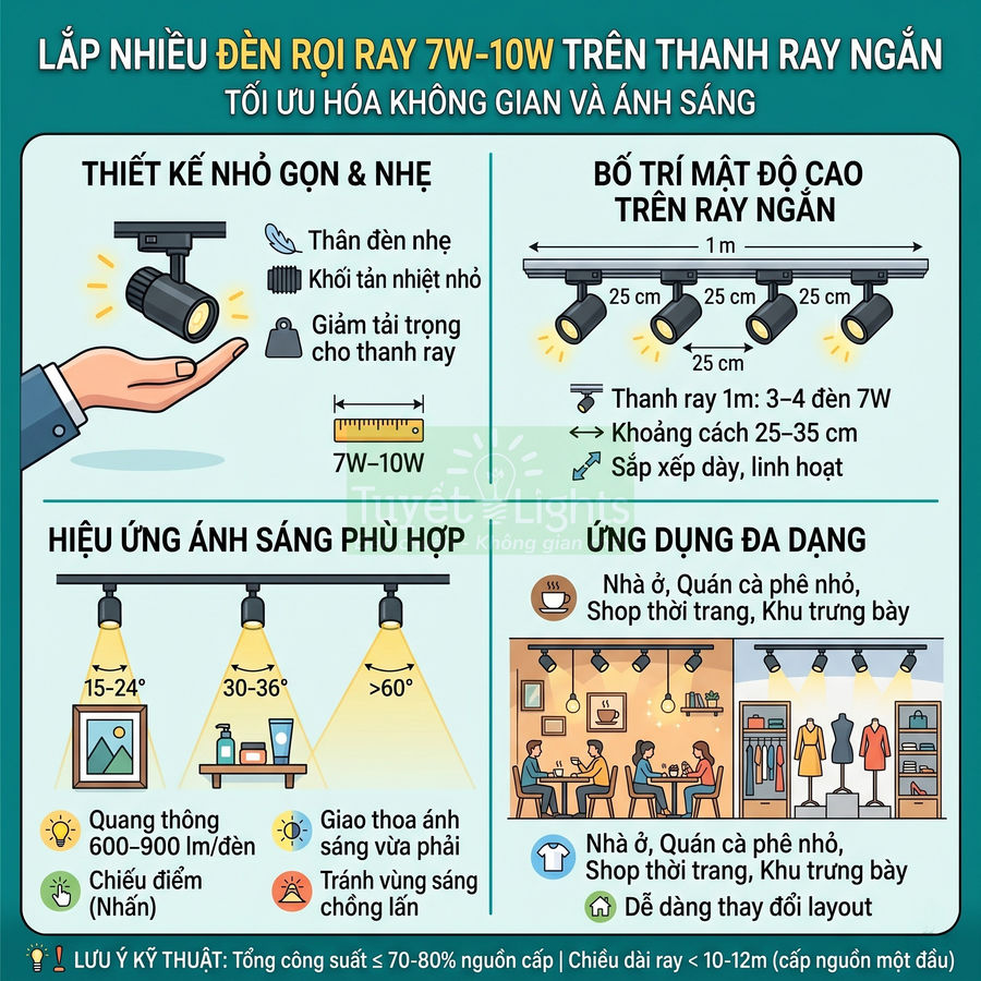 Hướng dẫn lắp nhiều đèn rọi ray 7W 10W trên thanh ray ngắn tối ưu ánh sáng cho nhà ở quán cà phê shop thời trang
