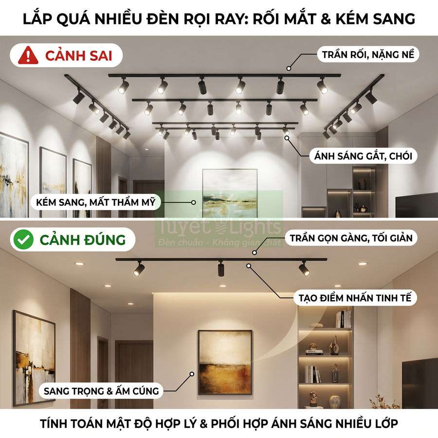 So sánh lắp đặt đèn rọi ray trần nhà, minh họa cách bố trí ít đèn tạo không gian sang trọng, gọn gàng